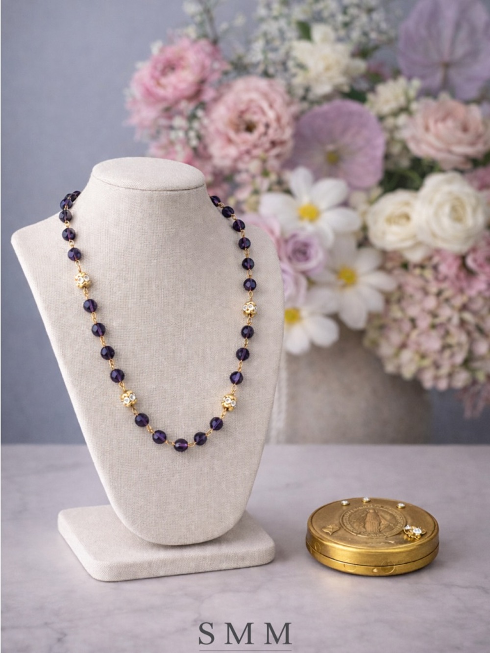 Virgins Saints & Angels Amethyst Bead Necklace with Gold Accents
